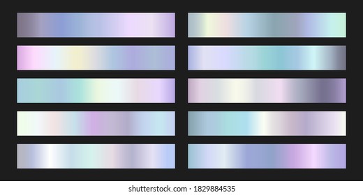 Collection of iridescent silver foil gradients. Vector illustration of holographic neon metallic texture set. Realistic metal design template elements
