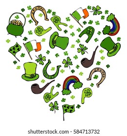 Collection of Irish symbols. Heart shape background