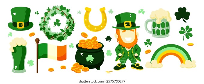 A collection of Irish symbols and images, including a man in a green hat and a rainbow. Scene is festive and celebratory, likely representing St. Patrick's Day