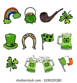 Collection of Irish symbols. Leprechauns Hat, Horseshoe, Pot of gold, Flag, Beer Mug, Rainbow, Clover, Pipe. St Patricks Day Vector Illustration Hand Drawn. Savoyar Doodle Style