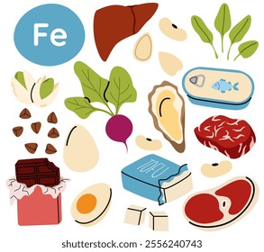 Collection of iron food sources. Healthy diet products. Oysters, beet, eggs, chocolate, meat, tofu. Organic nutrition
