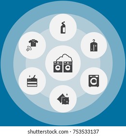 Collection Of Ironing, Cleaning, Machine And Other Elements.  Set Of 7 Cleaning Icons Set. 