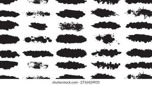 Una colección de pinceladas irregulares de tinta negra y salpicaduras de pintura sobre un fondo blanco, que ofrece Elementos gráficos texturizados para diversas aplicaciones de diseño, superposiciones y diseños artísticos