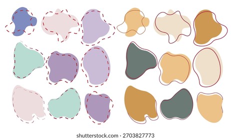 A collection of irregular, organic shapes in muted pastel colors with a dashed outline, arranged in rows.