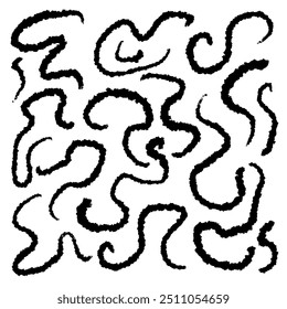 A collection of irregular, squiggly black lines on a white background, creating an abstract and textured pattern.
