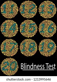 Colección de las placas de ensayo de Ishihara que muestran los números 11 a 20 en patrones de puntos de color, utilizadas para diagnosticar la deficiencia de la visión cromática e ilustrar las diferencias de percepción de daltonismo.
