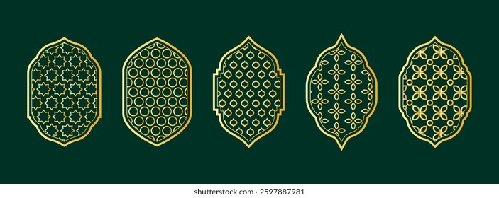 Collection of Islamic arch frames with gold geometric patterns. Arabic mosque window and door shapes in oriental style. Islamic architecture elements for Ramadan Kareem, Eid Mubarak, mosque designs