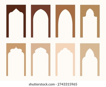 Collection of Islamic arch frames in warm brown, sand, and beige tones inspired by traditional mosque and oriental architecture.