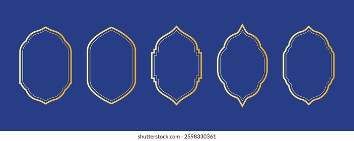 Collection of Islamic arch and window frames in gold outline. Arabic mosque door shapes in oriental style. Islamic architecture elements for Ramadan Kareem, Eid Mubarak, and mosque designs.