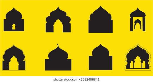 Collection of Islamic Architectural Silhouettes on a Yellow Background
