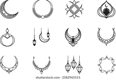 Collection of Islamic Crescent Moon and Lantern Design Elements for Ramadan Kareem