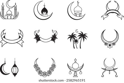 Collection of Islamic Crescent Moon and Mosque Icons for Ramadan Kareem