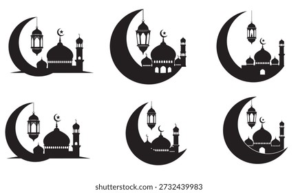 Sammlung islamischer Halbmond mit Moschee und Laternendesigns für den Ramadan