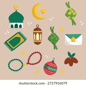 Una colección de Elementos culturales islámicos que incluye una mezquita, una alfombra de oración, una linterna, un rosario, un ketupat y una luna creciente.