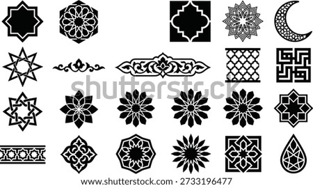 Collection of Islamic geometric ornaments and arabesque motifs in bold black silhouette. This vector set includes star and rosette medallions, interlaced Moroccan tiles, decorative borders, floral mandalas, drop shapes and crescent moon icons. Clean outlines make these elements perfect for Ramadan and Eid greeting cards, mosque decor, Middle Eastern branding, packaging, textiles, laser‑cut panels, CNC patterns, stencils, logos and wall art. All shapes are isolated on a white background and fully scalable for use in both print and digital designs.