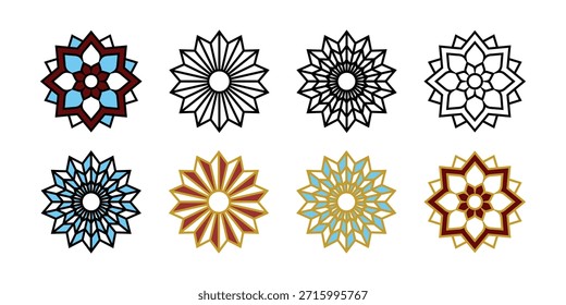 Una colección de patrones de mandala de roseta de estrellas geométricas islámicas con líneas limpias y diseños de adornos decorativos coloridos para uso en el Vector.