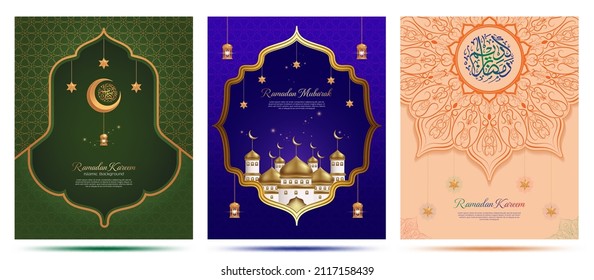 Collection of Islamic greeting card designs with Arabic letters meaning a month full of goodness and blessings. Realistic lantern, calligraphy, realistic mosque illustration and beautiful mandala. 