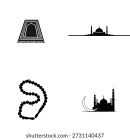 Collection of Islamic icons featuring a prayer rug, prayer beads, mosques, and a crescent moon. Ideal for religious and cultural designs.