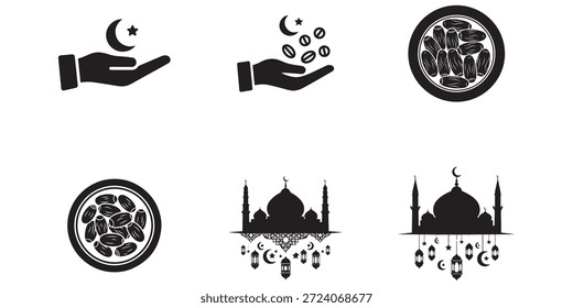 Una colección de íconos islámicos que incluyen manos con lunas y dátiles en forma de media luna, y siluetas de mezquitas adornadas con faroles y estrellas.