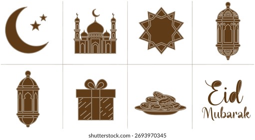 A collection of Islamic icons including a mosque, crescent moon and star, lanterns, a gift box, dates on a plate, and Eid Mubarak text.