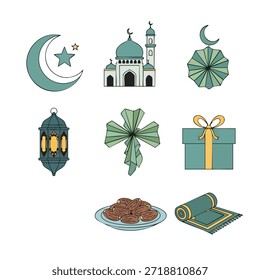 Colección de íconos islámicos que incluyen mezquita, luna creciente, linterna y estera de oración