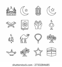 Uma coleção de ícones islâmicos, incluindo mesquita, camelo, Alcorão, lanterna, lua crescente, mãos de oração, rosário, palmeiras, Caaba, estrela, lâmpada e símbolo de Alá.