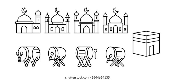 Coleção de ícones islâmicos, incluindo mesquitas, tambores e a Kaaba.