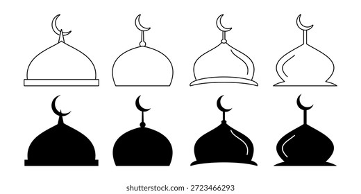 Una colección de íconos islámicos de las cúpulas de las mezquitas. Estilos del arte de la línea y de la silueta, aislados en un fondo blanco. Diseños ornamentales para las fiestas islámicas de Ramadán, Eid al-Fitr y Eid al-Adha.