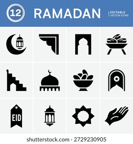 Uma coleção de ícones islâmicos representando o Ramadã e o Eid, incluindo símbolos religiosos, alimentos e elementos festivos para o design.
