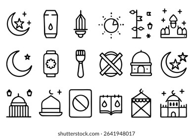 Collection of islamic icons in a simple line style suitable for ramadan and eid celebrations