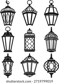 Linterna islámica de la colección aislada, lámpara árabe con la luz, día de fiesta musulmán, ayuno islámico