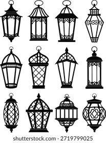 Linterna islámica de la colección aislada, lámpara árabe con la luz, día de fiesta musulmán, ayuno islámico