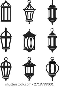 collection islamic lantern isolated, Arabic lamp with light, Muslim holiday, Islamic fasting