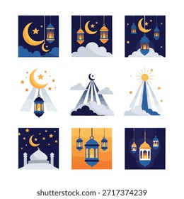 Colección de linternas islámicas e ilustraciones de luna creciente