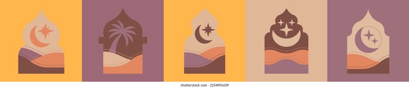 Collection of Islamic Minimal Arch Door Frame with Sand Dune,Palm Tree and Crescent Moon Background for Ramadan Kareem Greeting Card.