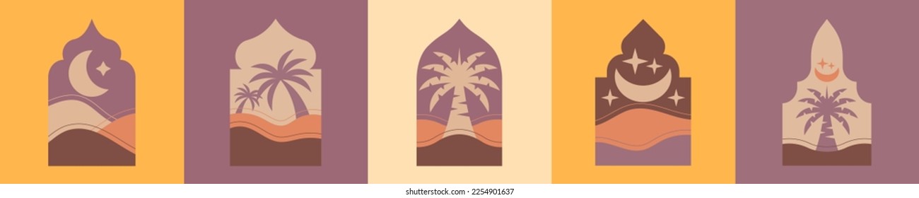 Collection of Islamic Minimal Arch Window Frame with Sand Dune,Palm Tree and Crescent Moon Background for Ramadan Kareem Greeting Card.