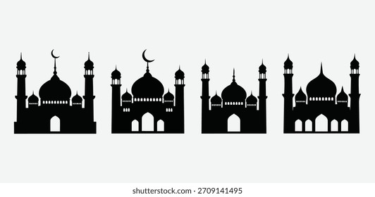 A collection of Islamic mosque silhouettes featuring prominent domes, tall minarets, and arched doorways, isolated on a clean white background. Ideal for religious and cultural themes.