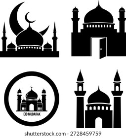 Kollektion von Silhouetten der Islamischen Moschee mit dem Moon Crescent und Eid Mubarak Logo für Ramadan Kareem und Religiöse Festival Grafikdesign
