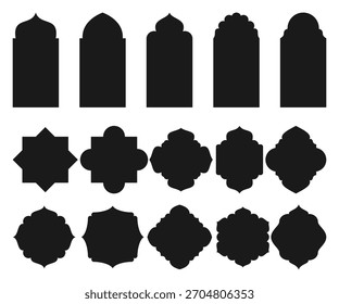 Kollektion islamischer Ornamentrahmen und arabisch-geometrischer Badge-Formen - Schwarze Silhouetten-Vektorvorlagen für Labels, Logo-Elemente und dekoratives Design