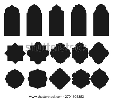 Collection of Islamic Ornament Frames and Arabic Geometric Badge Shapes – Black Silhouette Vector Templates for Labels, Logo Elements, and Decorative Design