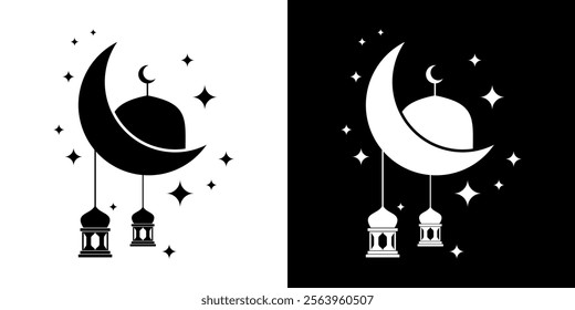 collection of Islamic ornaments of moon, stars, domes and lanterns.