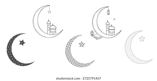 Colección de lunas medievales de temática islámica y ramadán, incluyendo estrellas y faroles, mezquita, rosario y Corán. Ilustración vectorial. Conjunto de siluetas con patrón árabe aislado sobre fondo blanco