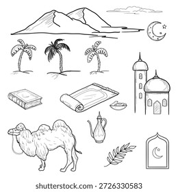 Uma coleção de temas islâmicos e do Ramadã, incluindo camelo, palma e deserto, mesquita, rosário e Alcorão. Ilustração vetorial. Conjunto de silhuetas em preto e branco sobre um fundo branco