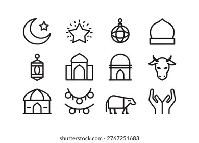 Collection of islamic and religious line art icons: mosque moon star worship symbols with prayer hands string lights religious celebration illustration minimalist iconography building