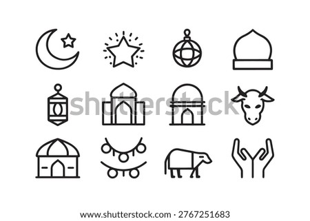 Collection of islamic and religious line art icons: mosque moon star worship symbols with prayer hands string lights religious celebration illustration minimalist iconography building