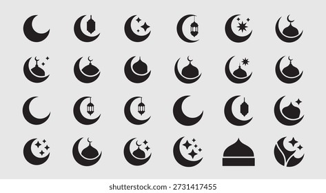 Collection of islamic symbols and icons featuring crescent moon and lantern
