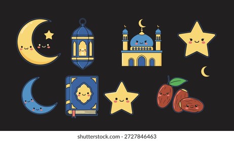 Colección de símbolos islámicos incluyendo mezquita y fechas