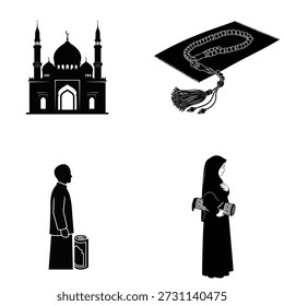 Colección de símbolos islámicos que incluyen una mezquita, una alfombra de oración, cuentas de rosario y personas rezando, en un estilo limpio de Vector blanco y negro.