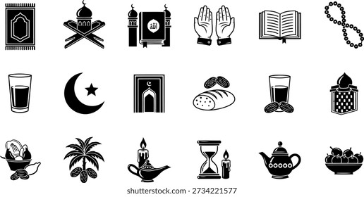 A collection of Islamic symbols and objects including Quran, mosque, prayer beads, crescent moon, dates, tea, and more.