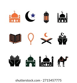 Collection of Islamic symbols for Ramadan. Features mosque silhouettes, prayer hands, quran, lanterns, and a camel in a modern black and orange color palette.